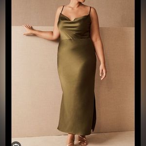 BHLDN Cali Satin Charmeuse Midi Dress, Olive, Size 0